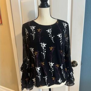 Alfani Blouse Ruffled Bell Sleeve Lined Bodice Flowered Black, White, Plum. Sz S